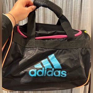 Adidas Black Travel Bag with Blue Logo and Pink Trim